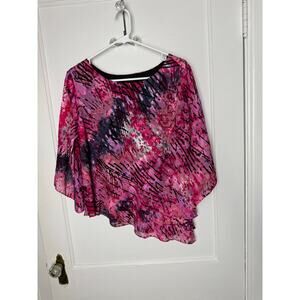 Alex Evenings Size L Chiffon Blouse Pink Black Layers Asymmetrical Floral Top
